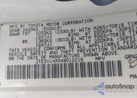 2004 Toyota 4Runner Sr5 V6 from USA, damaged, VIN JTEZU14R848012216